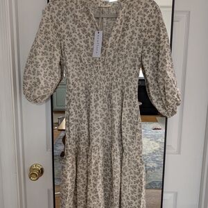 Tan Smocked Midi Dress with Puff Sleeves